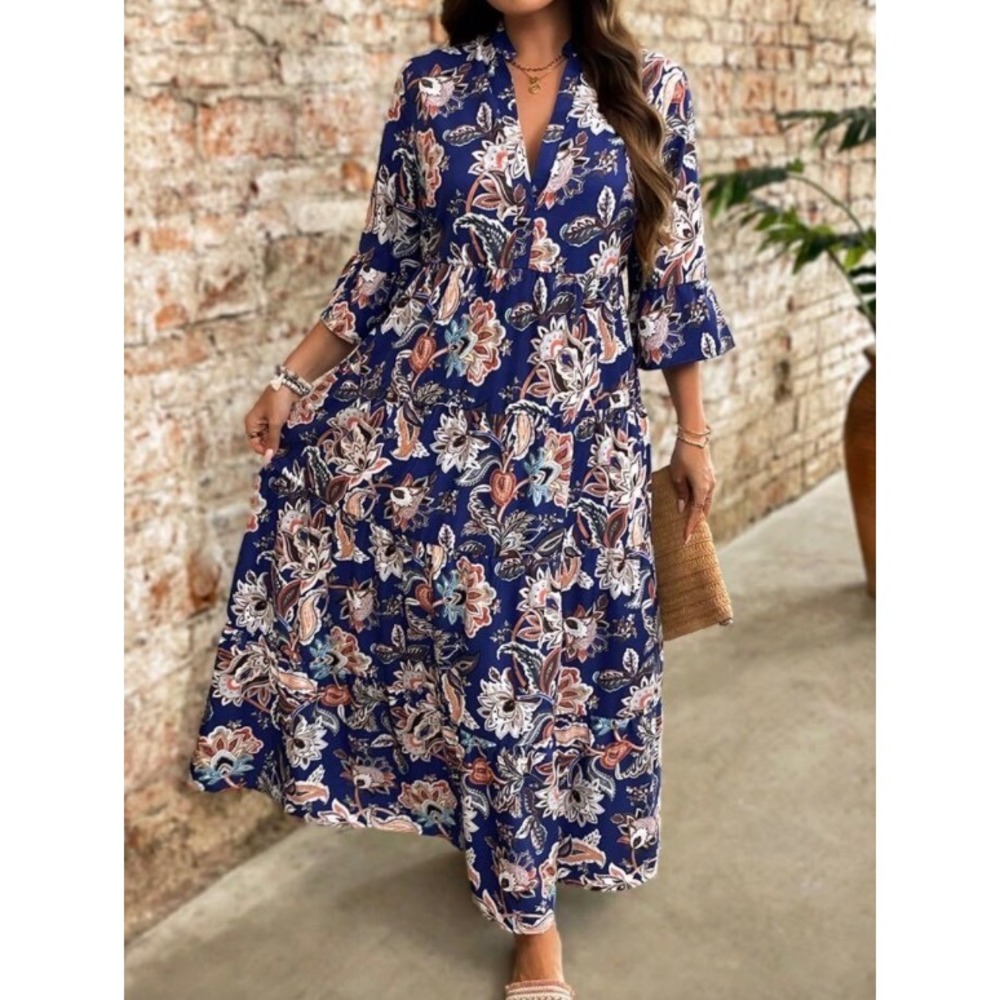 Navy Blue Paisley Floral Tiered Maxi Dress 2XL Boho Bell Sleeve V-Neck NWOT